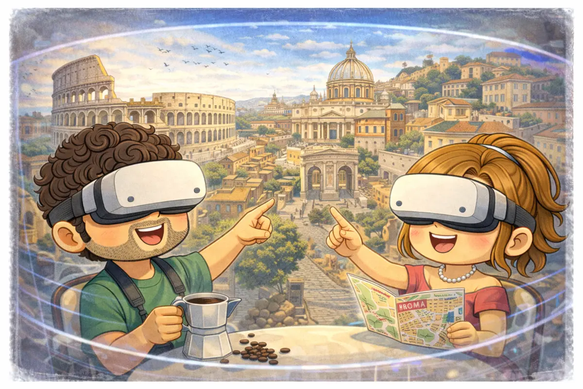 Two Funko-style travellers exploring Rome with VR headsets