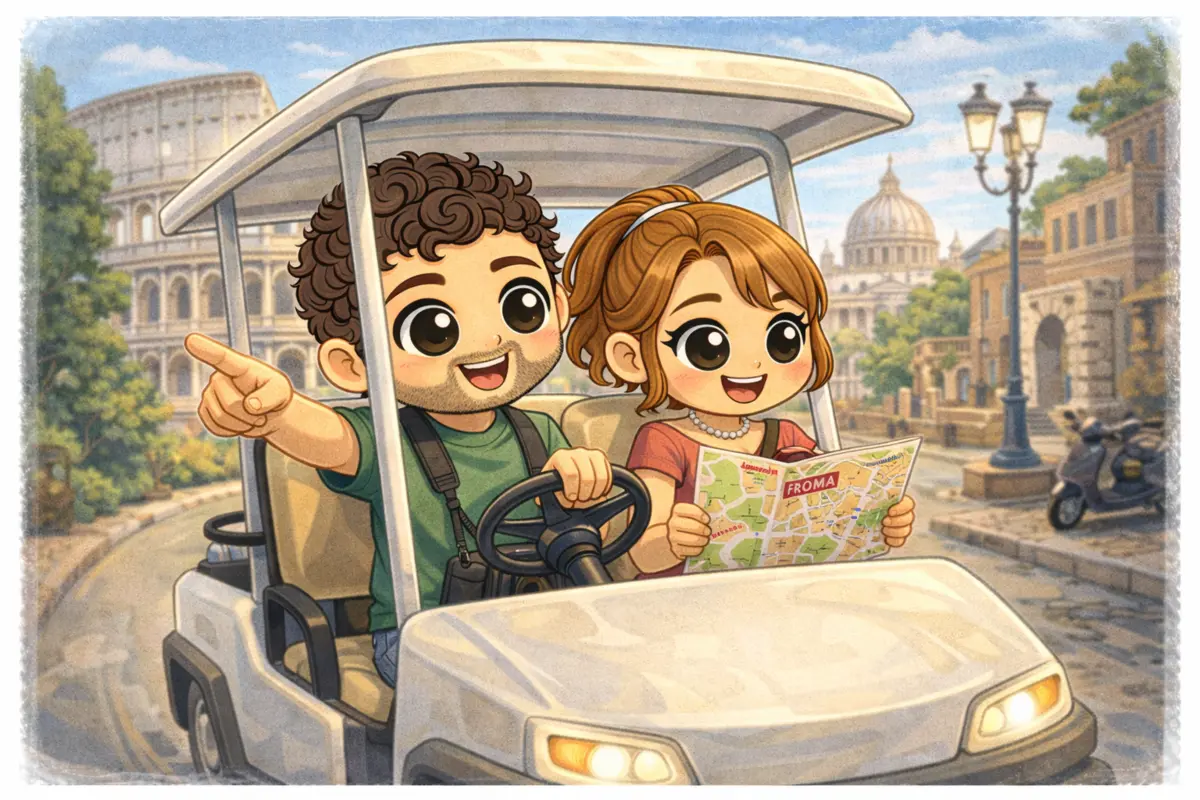 A couple discovering Rome in a golf cart