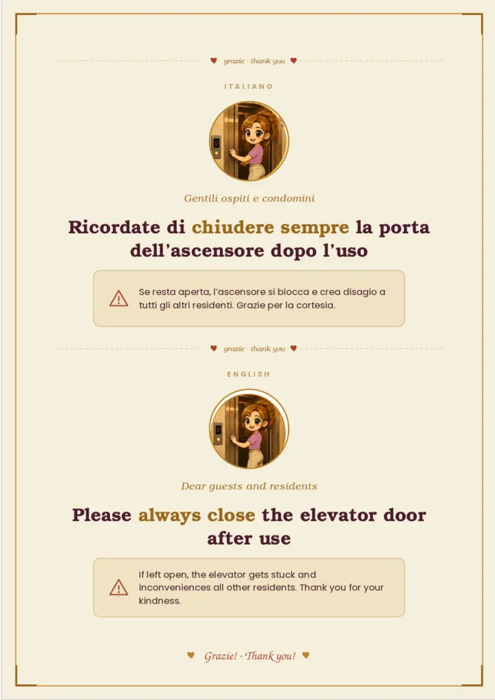 Bilingual illustrated reminder to close the elevator door after use
